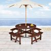 Outdoor 6 Person Picnic Table, 6 person Round Picnic Table with 3 Built-in Benches, Umbrella Hole, Outside Table and Bench Set for Garden, Backyard
